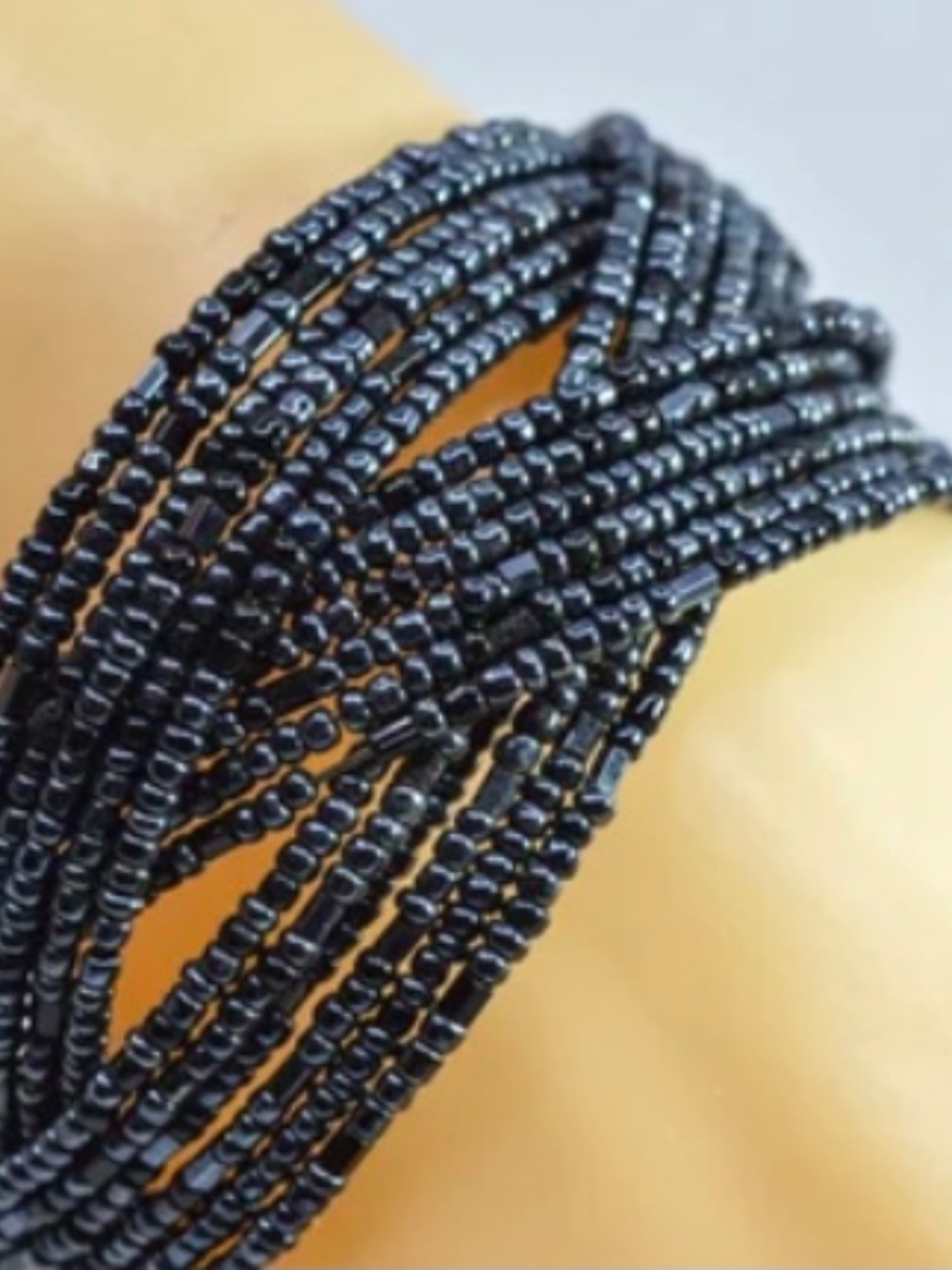 Black Seed Bead Braided Cuff Bracelet Black Boho Stretchy Pull On Stackable Arm